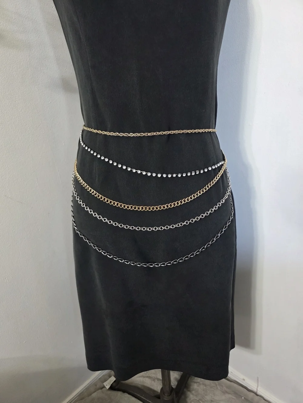 Mixed Metal Rhinestone Layered Multi Strand Chain Belt